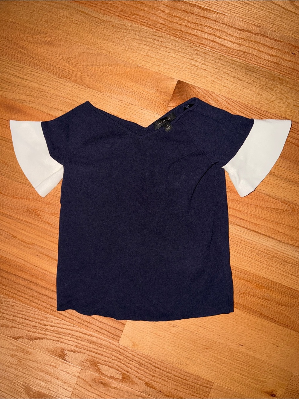 Ann Taylor Navy Cold-Shoulder Tee with White Flutter Sleeves